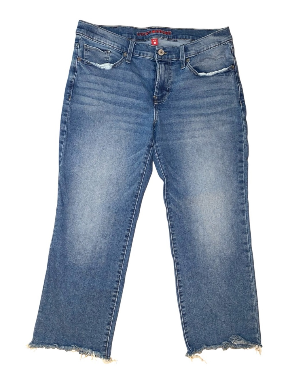 LUCKY BRAND Sweet Mid Rise Cropped Jeans Raw Frayed Hem Mid Wash Blue Size 8/29